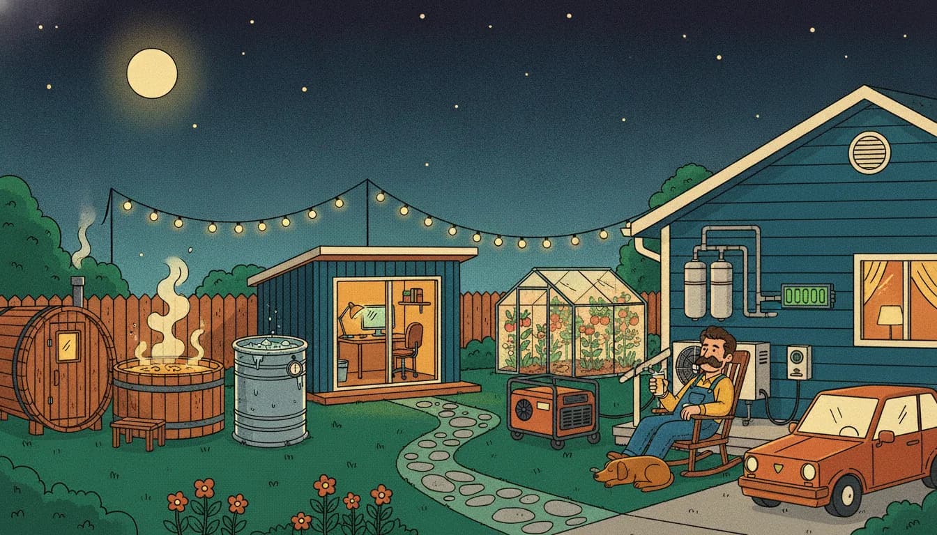 Illustrated evening backyard with a sauna, hot tub, cold plunge, greenhouse, office pod, generator, home battery, heat pump, EV charger, water filter and a rocking chair under string lights